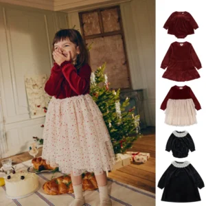 KS AW Children's Clothing Toddler Girls Velvet Patchwork Mesh Dresses Newborn Baby Christmas Rompers Lace Jumpsuit Climbing Suit 1