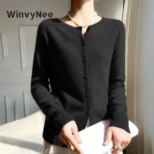 WinvyNee Women's Clothing Merino Wool Black Cardigans Sweater Solid Casual Warm Outerwears Knitted Tops Autumn Jumpers B1263018A 1