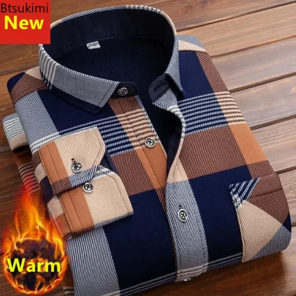 2024 Men's Autumn Winter Casual Long Sleeve Plaid Shirt Thick Warm Men's Casual High Quality Soft Large Size Warm Shirt Tops 4XL 1