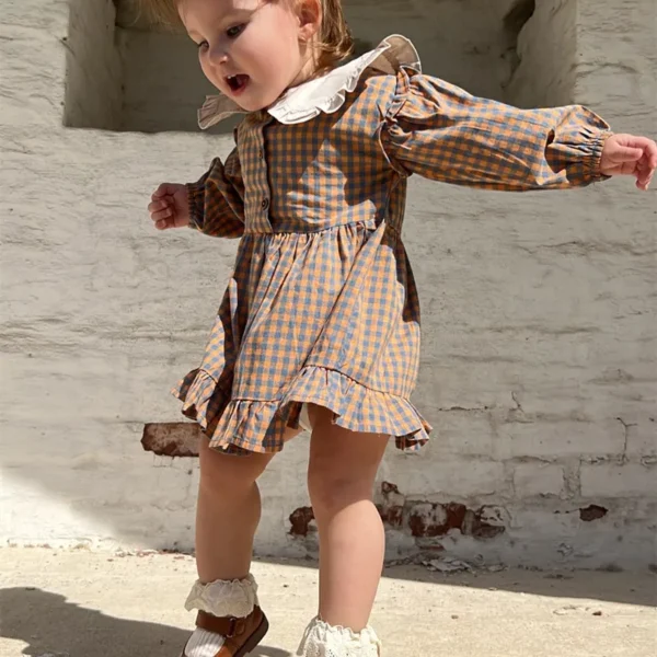 New Spring Girls Clothing Cute Children Dresses Kids Baby Girl Plaid Cotton Linen Lapel Collar Dress Long Sleeve Skirt 2