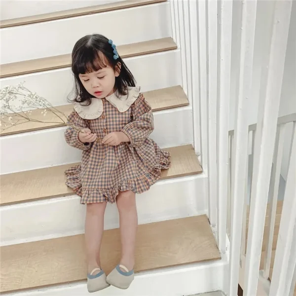 New Spring Girls Clothing Cute Children Dresses Kids Baby Girl Plaid Cotton Linen Lapel Collar Dress Long Sleeve Skirt 3