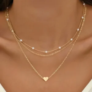 LATS Multilayer Pearl Cross Love Heart Pendant Necklaces for Women Gold Color Fashion Collarbone Neck Chain 2024 Trend Jewelry 1