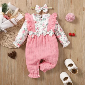 0-18 Months Newborn Baby Girl Romper Cute Floral Long Sleeve with Bow Bodysuit+Headband Infant Girl Spring&Autumn Jumpsuit 1