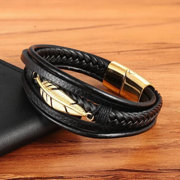 XQNI Multi-layer Leather Feather Shape Accessories Men's Bracelet Stainless Steel Leather Bracelet For Special Birthday Present 2