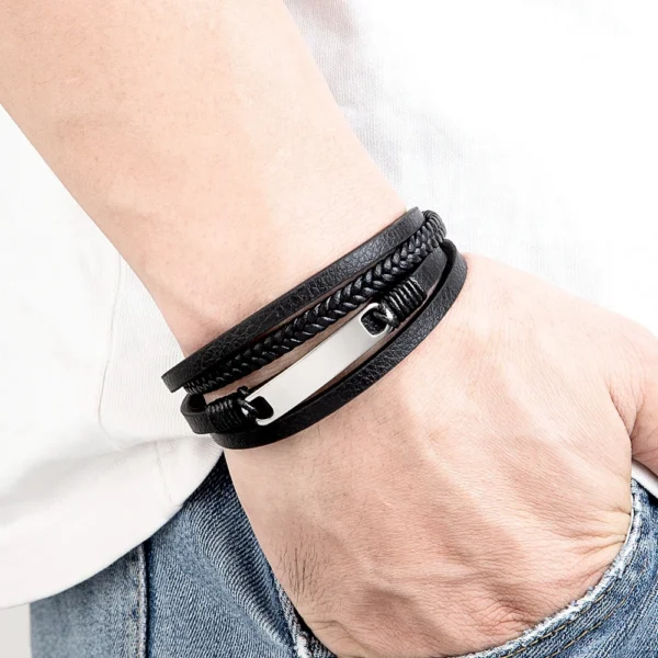 XQNI Multi-layer Braided Leather Wrap Bracelet Men Cool Trend Stainless Steel Casual Buckle Bracelet Jewelry Accessories Gift 2