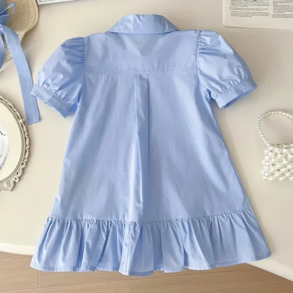 Baby Girls Dresses Kids Short Sleeved Cartoon Dress Toddler Blue Costume 2024 1 To 8 Yrs Children's Korean Style Clothing 2