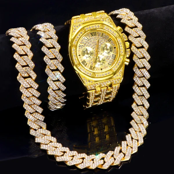 14MM Necklace+Watch+Bracelet Iced Out Watches For Men 2 Row Rhinestone Cuban Chain Necklace Set Women Men Hiphop Jewelry Gift 2