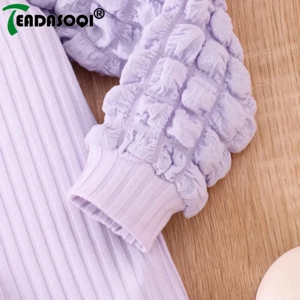 3-7Y Children Autumn Winter Long Sleeve Puffy Bubble Sleeve Pit With Bag Solid Color Baby Dress Set For Kids Girls Clothing 5