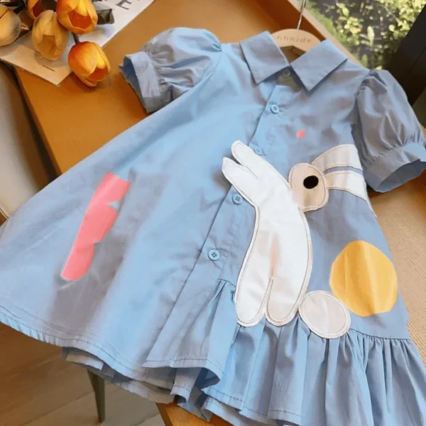 Baby Girls Dresses Kids Short Sleeved Cartoon Dress Toddler Blue Costume 2024 1 To 8 Yrs Children's Korean Style Clothing 3