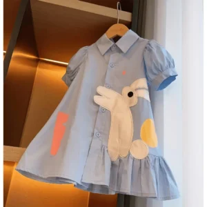 Baby Girls Dresses Kids Short Sleeved Cartoon Dress Toddler Blue Costume 2024 1 To 8 Yrs Children's Korean Style Clothing 1