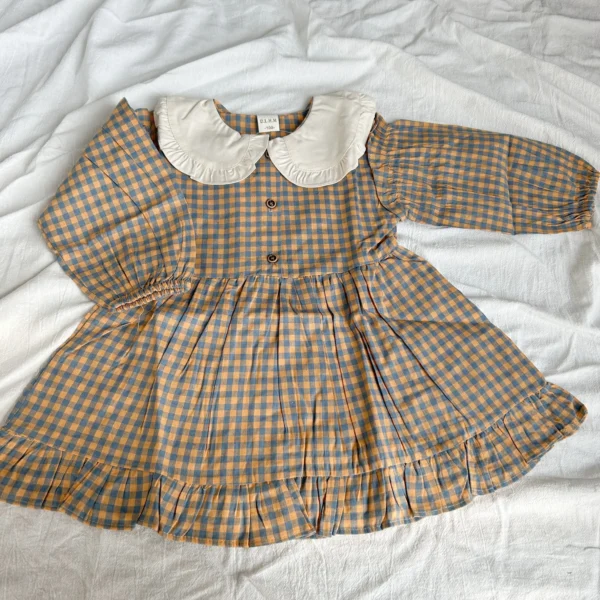 New Spring Girls Clothing Cute Children Dresses Kids Baby Girl Plaid Cotton Linen Lapel Collar Dress Long Sleeve Skirt 5