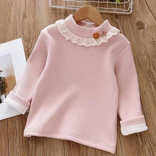 Girls Underlay 2024 New Winter Children's Half High Collar Girl Baby Foreigner Cute Plush Thickened Top Girls' T-shirt Kids 4