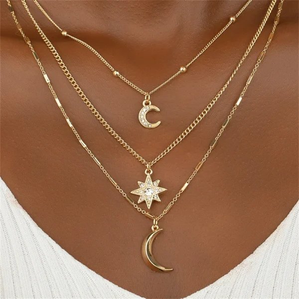 Boho Gold-plate Geometric Chain Crystal Moon Sun Pendant Necklace For Women Fashion Vintage Multilevel Metal Jewelry Wholesale 2