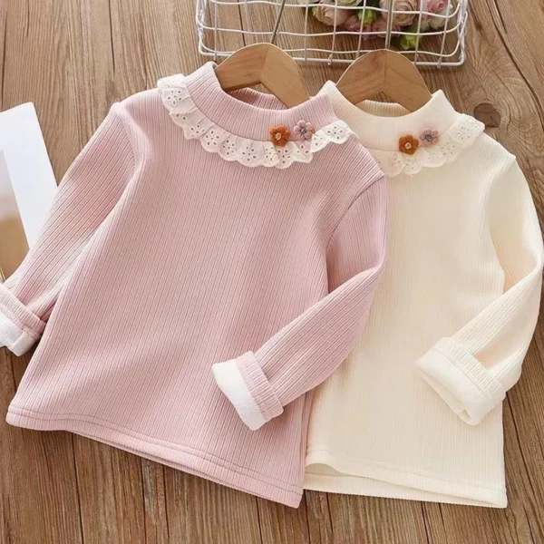 Girls Underlay 2024 New Winter Children's Half High Collar Girl Baby Foreigner Cute Plush Thickened Top Girls' T-shirt Kids 2