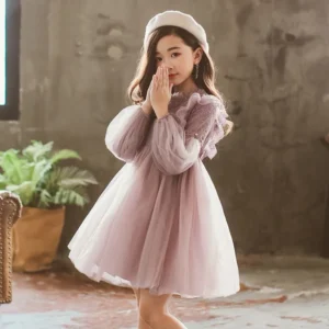 Spring Autumn Kids Girls Dresses Lantern Sleeve Lace Princess Dress Pearl Sweet O-neck Mesh Party Children's Clothing Vestidos 1