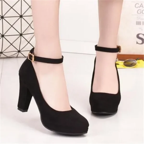 Spring Women Pumps Flock Sweet Thick High Heels Ankle Strap Female Platform Classic Round Toe Dress Cute Shoes Ladies Footwear 1