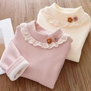 Girls Underlay 2024 New Winter Children's Half High Collar Girl Baby Foreigner Cute Plush Thickened Top Girls' T-shirt Kids 1