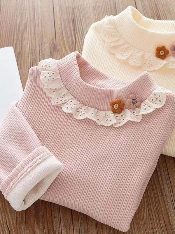 Girls Underlay 2024 New Winter Children's Half High Collar Girl Baby Foreigner Cute Plush Thickened Top Girls' T-shirt Kids 5