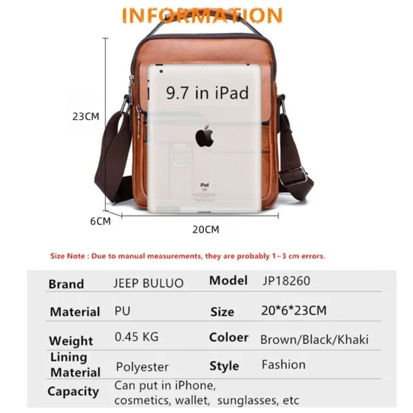 JEEP BULUO Crossbody Messenger Bags Business Casual Handbag Brand Shoulder New High Quality Leather For Men Business Casual Fash 2