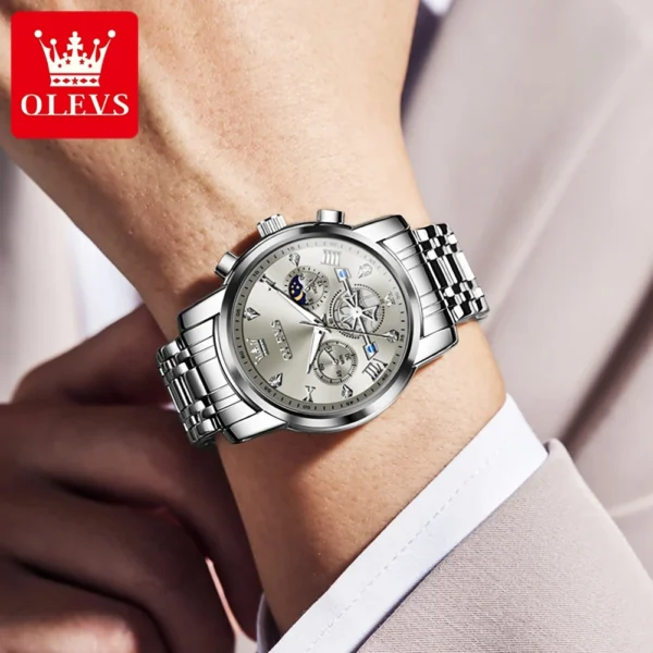 OLEVS Men's Watches Classic Multifunctional Fltwheel Chronograph Original Quartz Wristwatch Moon Phase 24 Hour Waterproof reloj 2