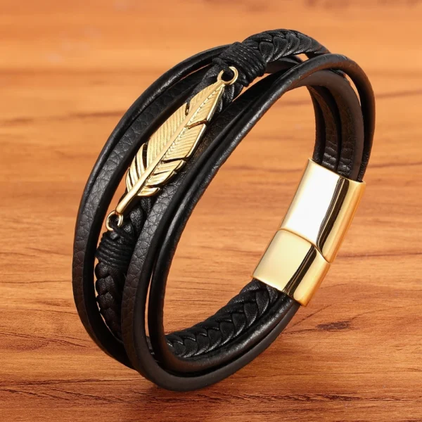 XQNI Multi-layer Leather Feather Shape Accessories Men's Bracelet Stainless Steel Leather Bracelet For Special Birthday Present 5