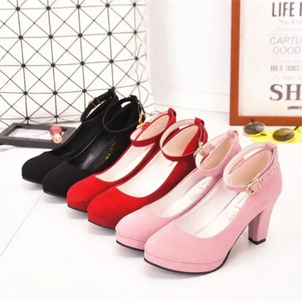 Spring Women Pumps Flock Sweet Thick High Heels Ankle Strap Female Platform Classic Round Toe Dress Cute Shoes Ladies Footwear 5