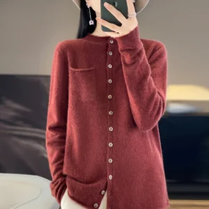 Winter Pure Wool Cardigan Women Clothing O-neck Sweater Pockets Female Long Sleeve Tops Knit Korean Fashion Curling Edge Sweater 1