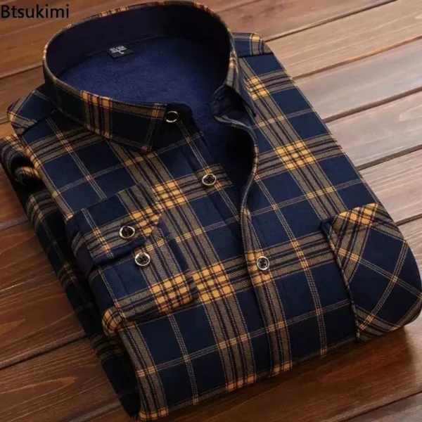 2024 Men's Autumn Winter Casual Long Sleeve Plaid Shirt Thick Warm Men's Casual High Quality Soft Large Size Warm Shirt Tops 4XL 3