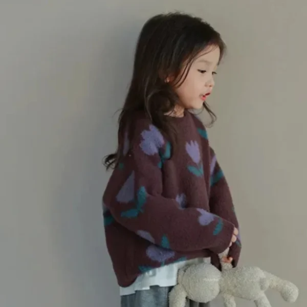 Baby Girls' Flower Pullover Sweater 2024 Autumn Winter New Korean Style Knitwear Girls Fashion Kids Outfit Children Dark Coat 1