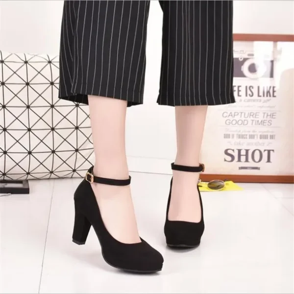 Spring Women Pumps Flock Sweet Thick High Heels Ankle Strap Female Platform Classic Round Toe Dress Cute Shoes Ladies Footwear 2