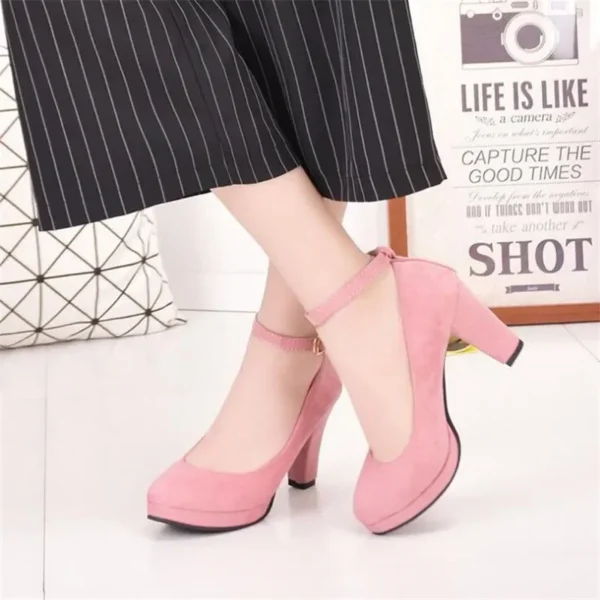 Spring Women Pumps Flock Sweet Thick High Heels Ankle Strap Female Platform Classic Round Toe Dress Cute Shoes Ladies Footwear 4