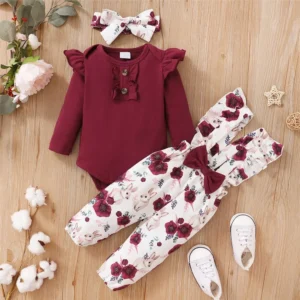 0-24 Months Newborn Baby Girl 3PCS Clothes Set Long Sleeve Romper+Flower Strap Pants+Headband Spring&Autumn Lovely Outfit 1