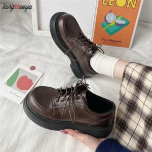 Platform Vintage Shoes Oxford Shoes 2024 autumn Vintage Brown Leather Lace Up Women Fashion Loafer Shoes Black Oxford Shoes 1