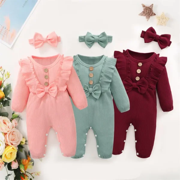 Newborn Baby Girl Romper Long Sleeved Ruffle Bodysuit with Headband Autumn & Winter Onesie Outfit Clothing for Baby 0-18 Months 1