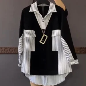 Fashion Korean Striped Patchwork Shirt Female Casual Long Sleeve All-match Loose Single-breasted Blouse Women's Clothing 2022 1