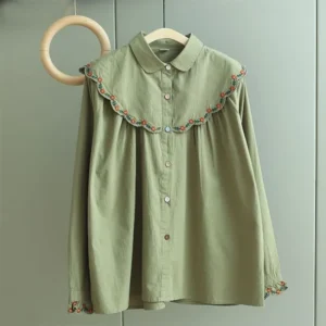 Fashion Vintage Blouses Peter Pan Collar Long Sleeve Floral Embroidery Button Shirts Spring Casual Loose Elegant Women Clothing 1