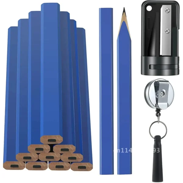 Wood Construction Pencil with Retractable Pen Holder Carpenter Marking Pencils Carpenter Pencil with Sharpener Flat 2