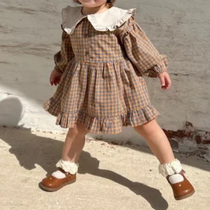 New Spring Girls Clothing Cute Children Dresses Kids Baby Girl Plaid Cotton Linen Lapel Collar Dress Long Sleeve Skirt 1