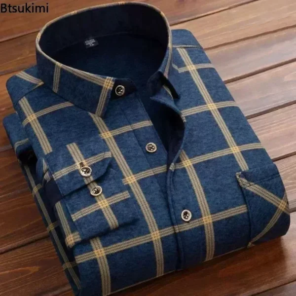 2024 Men's Autumn Winter Casual Long Sleeve Plaid Shirt Thick Warm Men's Casual High Quality Soft Large Size Warm Shirt Tops 4XL 4