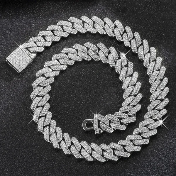 Hip Hop Shiny 15MM Cuban Link Chain Necklace Women Men Silver Color Rhinestone Iced Out Cuban Chain Punk Jewelry Necklace Gift 1