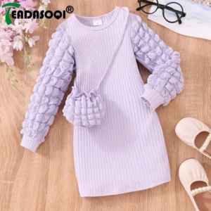 3-7Y Children Autumn Winter Long Sleeve Puffy Bubble Sleeve Pit With Bag Solid Color Baby Dress Set For Kids Girls Clothing 1