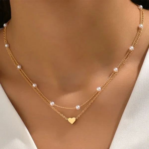 LATS Multilayer Pearl Cross Love Heart Pendant Necklaces for Women Gold Color Fashion Collarbone Neck Chain 2024 Trend Jewelry 3