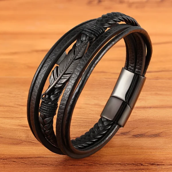 XQNI Multi-layer Leather Feather Shape Accessories Men's Bracelet Stainless Steel Leather Bracelet For Special Birthday Present 1