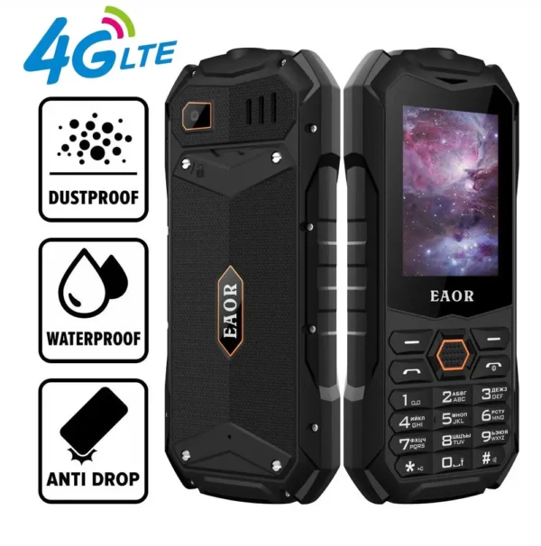 EAOR 4G/2G Slim Rugged Phone IP68 Real Three-Proof Feature Phone Big Battery Dual SIM Keypad Phones with Glare Torch Telephone 1