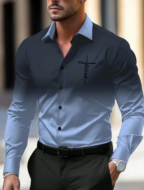 Men's Business Casual Printed Long Sleeve Shirt Formal Button Up Shirt Fall Winter Spring Summer Cuffed Long Sleeve Blue S, M, L 2