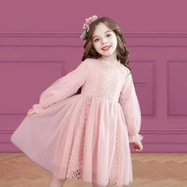 Spring Autumn Kids Girls Dresses Lantern Sleeve Lace Princess Dress Pearl Sweet O-neck Mesh Party Children's Clothing Vestidos 5