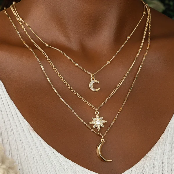 Boho Gold-plate Geometric Chain Crystal Moon Sun Pendant Necklace For Women Fashion Vintage Multilevel Metal Jewelry Wholesale 1