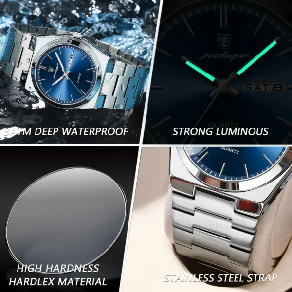 POEDAGAR Luxury Watch For Man Waterproof Luminous Date Week Stainless Steel Men Watch Casual Quartz Men's Watches Male Clock+box 4