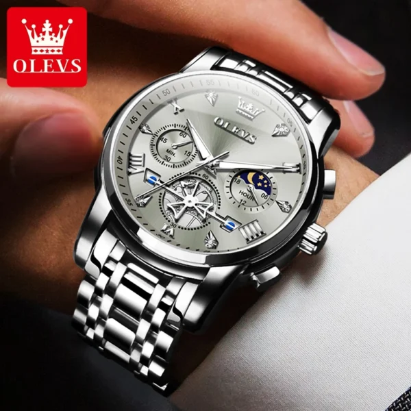 OLEVS Men's Watches Classic Multifunctional Fltwheel Chronograph Original Quartz Wristwatch Moon Phase 24 Hour Waterproof reloj 3