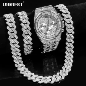 14MM Necklace+Watch+Bracelet Iced Out Watches For Men 2 Row Rhinestone Cuban Chain Necklace Set Women Men Hiphop Jewelry Gift 1